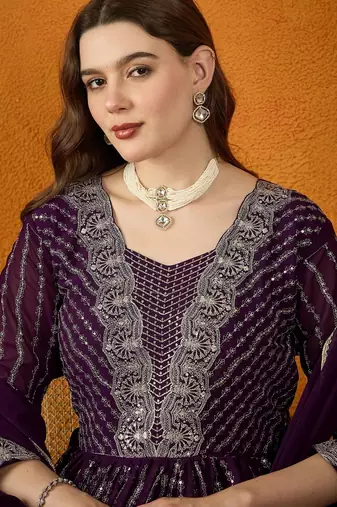 Purple faux georgette stitched gown with lace dupatta full sleeve embroidered