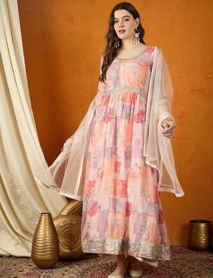 Peach tp silk stitched gown with lace dupatta full sleeve embroidered 1