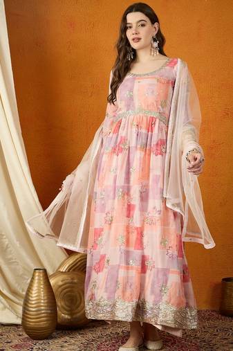 Peach tp silk stitched gown with lace dupatta full sleeve embroidered