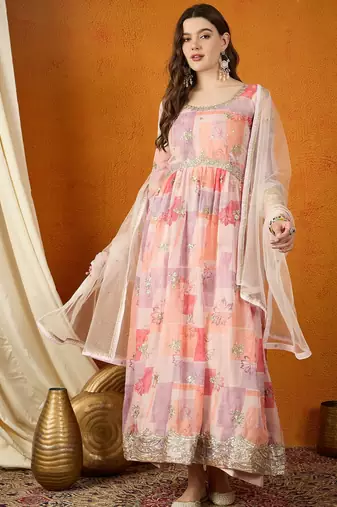 Peach tp silk stitched gown with lace dupatta full sleeve embroidered