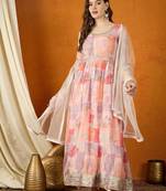 Peach tp silk stitched gown with lace dupatta full sleeve embroidered