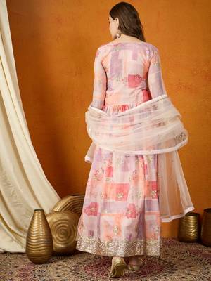 Peach tp silk stitched gown with lace dupatta full sleeve embroidered 2