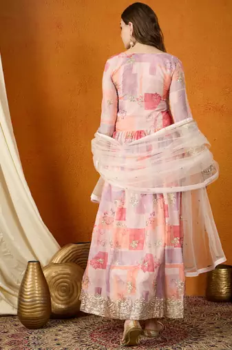 Peach tp silk stitched gown with lace dupatta full sleeve embroidered