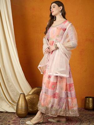Peach tp silk stitched gown with lace dupatta full sleeve embroidered 3