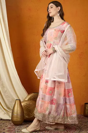 Peach tp silk stitched gown with lace dupatta full sleeve embroidered