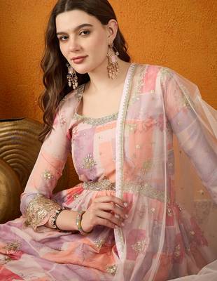 Peach tp silk stitched gown with lace dupatta full sleeve embroidered 4