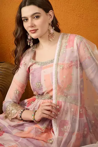 Peach tp silk stitched gown with lace dupatta full sleeve embroidered