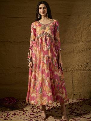 Pink tp silk stitched gown with embroidered dupatta full sleeve embroidered 1