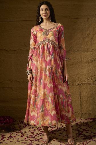 Pink tp silk stitched gown with embroidered dupatta full sleeve embroidered