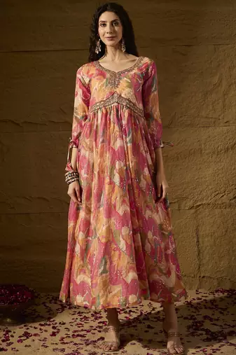Pink tp silk stitched gown with embroidered dupatta full sleeve embroidered