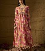 Pink tp silk stitched gown with embroidered dupatta full sleeve embroidered