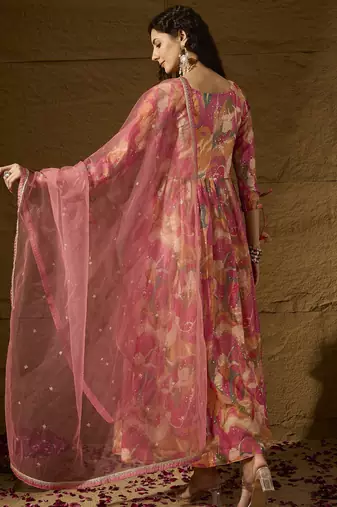 Pink tp silk stitched gown with embroidered dupatta full sleeve embroidered