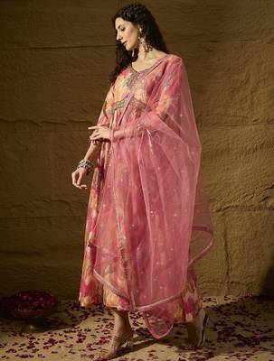Pink tp silk stitched gown with embroidered dupatta full sleeve embroidered 3