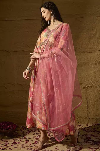 Pink tp silk stitched gown with embroidered dupatta full sleeve embroidered