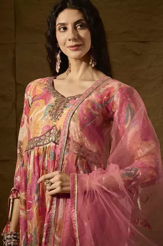 Pink tp silk stitched gown with embroidered dupatta full sleeve embroidered