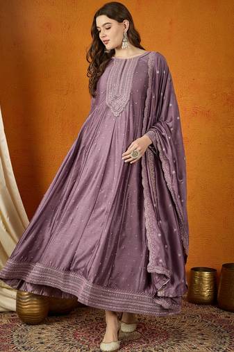 Purple chinon stitched gown with embroidered dupatta full sleeve embroidered
