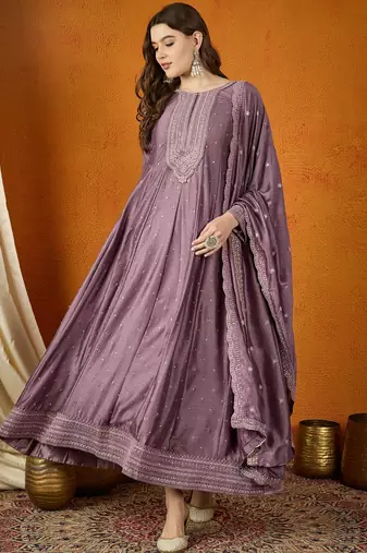 Purple chinon stitched gown with embroidered dupatta full sleeve embroidered