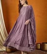 Purple chinon stitched gown with embroidered dupatta full sleeve embroidered