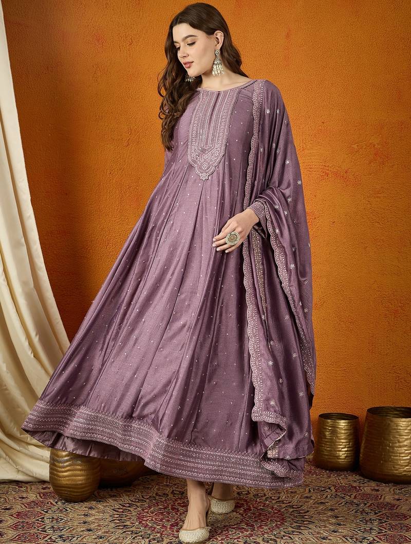 Purple chinon stitched gown with embroidered dupatta full sleeve embroidered