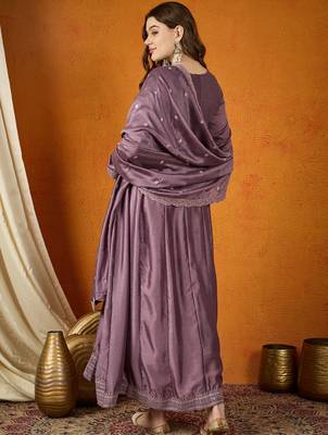 Purple chinon stitched gown with embroidered dupatta full sleeve embroidered 2