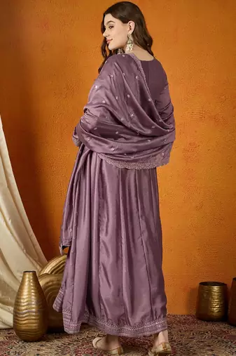 Purple chinon stitched gown with embroidered dupatta full sleeve embroidered