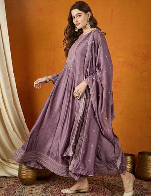 Purple chinon stitched gown with embroidered dupatta full sleeve embroidered 3