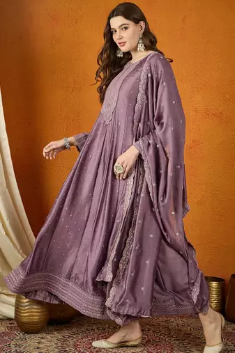 Purple chinon stitched gown with embroidered dupatta full sleeve embroidered