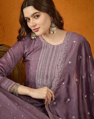 Purple chinon stitched gown with embroidered dupatta full sleeve embroidered 4