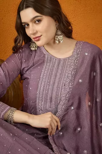 Purple chinon stitched gown with embroidered dupatta full sleeve embroidered