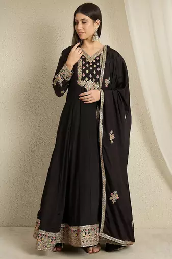 Black chinon stitched gown with embroidered dupatta full sleeve embroidered