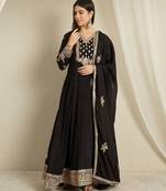 Black chinon stitched gown with embroidered dupatta full sleeve embroidered