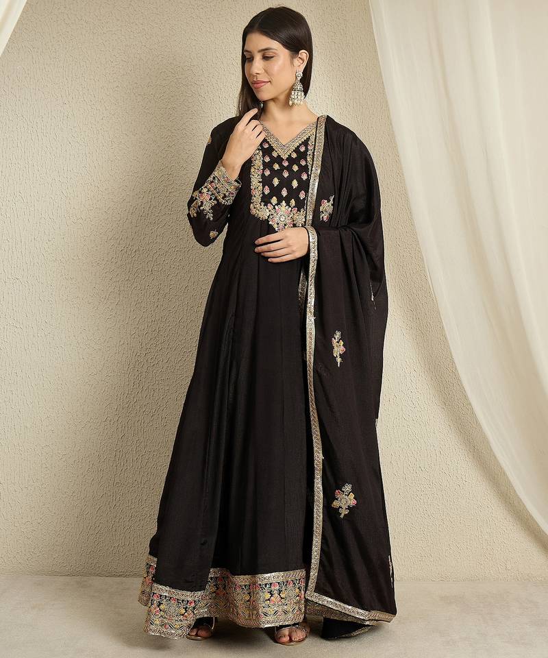 Black chinon stitched gown with embroidered dupatta full sleeve embroidered