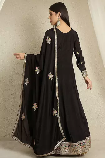 Black chinon stitched gown with embroidered dupatta full sleeve embroidered