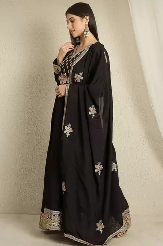 Black chinon stitched gown with embroidered dupatta full sleeve embroidered
