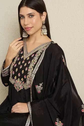 Black chinon stitched gown with embroidered dupatta full sleeve embroidered