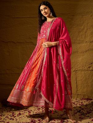 Pink chinon stitched gown with embroidered dupatta 3/4 sleeve embroidered 1