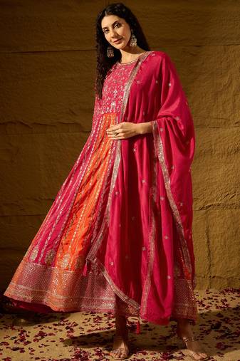 Pink chinon stitched gown with embroidered dupatta 3/4 sleeve embroidered