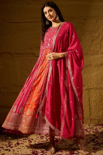 Pink chinon stitched gown with embroidered dupatta 3/4 sleeve embroidered