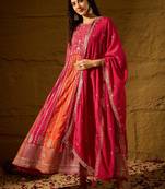 Pink chinon stitched gown with embroidered dupatta 3/4 sleeve embroidered
