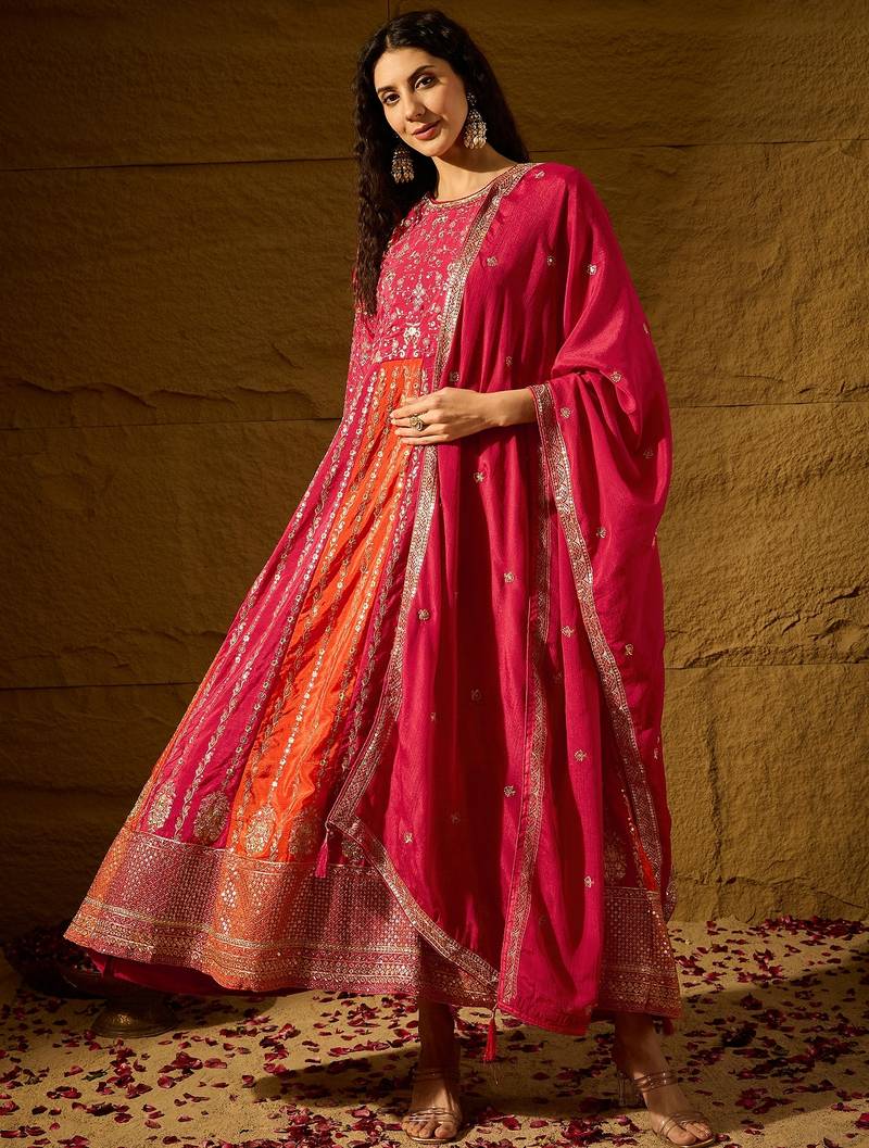 Pink chinon stitched gown with embroidered dupatta 3/4 sleeve embroidered