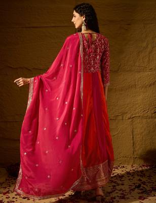 Pink chinon stitched gown with embroidered dupatta 3/4 sleeve embroidered 2