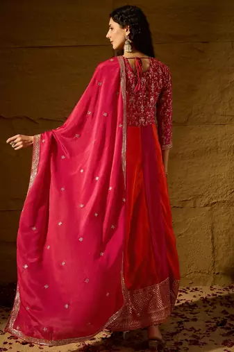 Pink chinon stitched gown with embroidered dupatta 3/4 sleeve embroidered