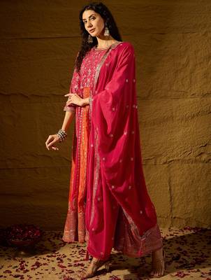 Pink chinon stitched gown with embroidered dupatta 3/4 sleeve embroidered 3