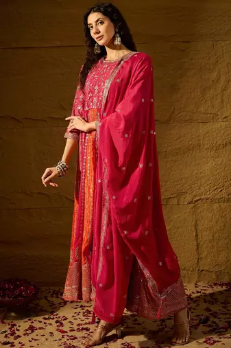 Pink chinon stitched gown with embroidered dupatta 3/4 sleeve embroidered