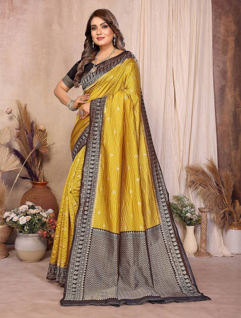 mustard banarasi silk jacquard saree for woman
