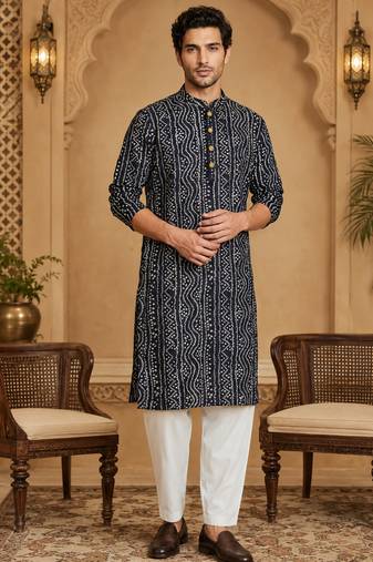 Multi shades men's navt blue rayon kurta full sleeve
