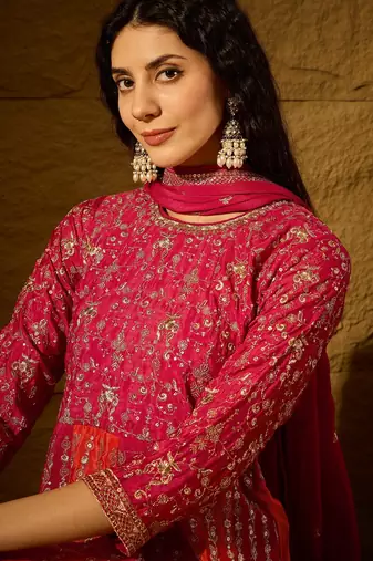 Pink chinon stitched gown with embroidered dupatta 3/4 sleeve embroidered