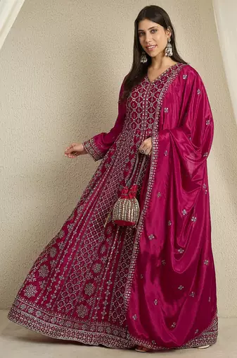Maroon chinon stitched gown with embroidered dupatta full sleeve embroidered