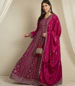Maroon chinon stitched gown with embroidered dupatta full sleeve embroidered