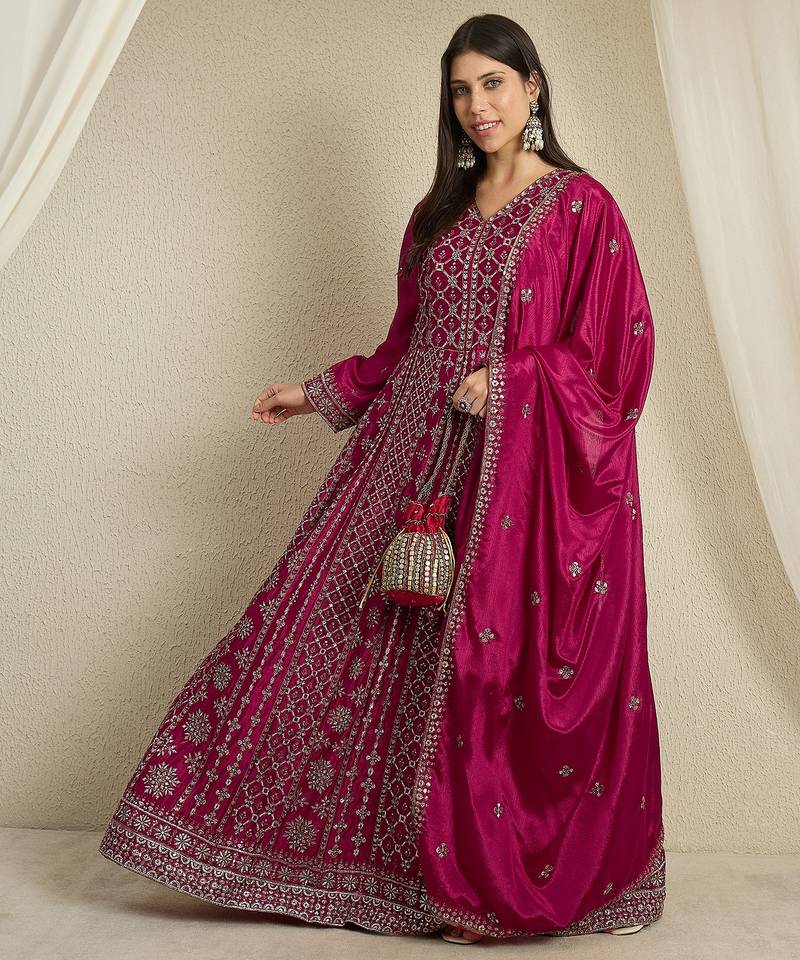 Maroon chinon stitched gown with embroidered dupatta full sleeve embroidered